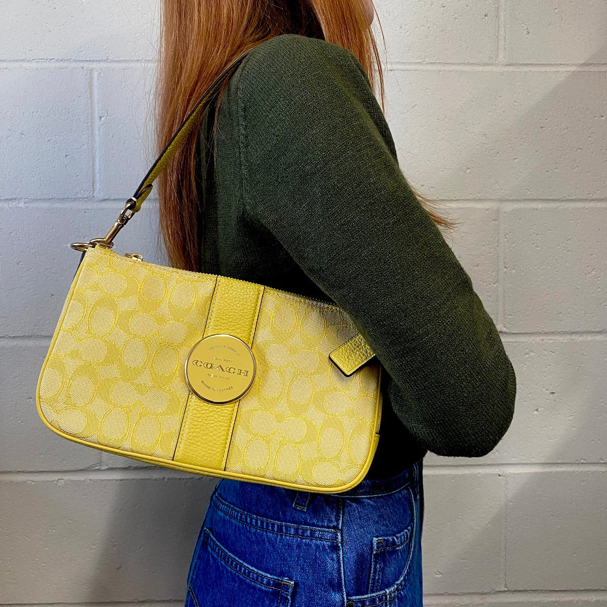 Coach C8306 Lonnie Baguette In Signature Jacquard In Gold/Retro Yellow Coach C8306 Lonnie Baguette In Signature Jacquard In Gold/Retro Yellow